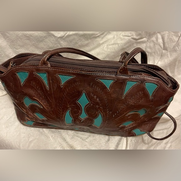 Leaders in Leather VTG Made in Paraguay Dark Brown/Aqua hand tooled Leather bag - Picture 3 of 13